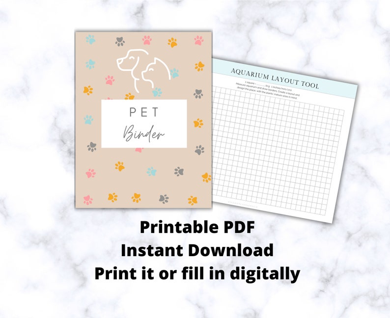 K&ouml;nnte beinhalten: Ein druckbarer PDF-Haustierordner mit einem hellbraunen Cover, das einen Hund und eine Katze im Umriss mit Pfotenabdr&uuml;cken in Rosa, Blau, Grau und Orange zeigt. Der Text "PET Binder" befindet sich in einem wei&szlig;en Feld. Die zweite Seite ist ein Raster-Layout-Tool f&uuml;r Aquarien mit dem Text "AQUARIUM LAYOUT TOOL".