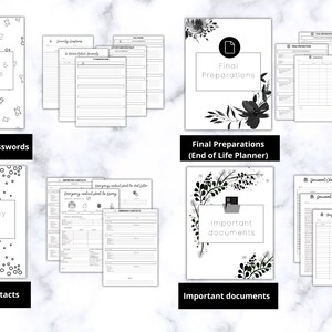 May include: A collection of black and white printable planner pages. The pages include sections for usernames and passwords, emergency contacts, final preparations, and important documents. Each section has a decorative border.