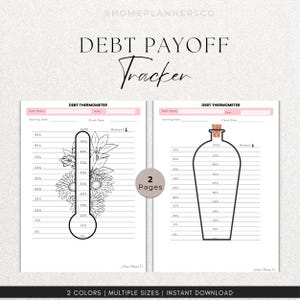 Puede incluir: Un rastreador de pago de deudas imprimible de dos p&aacute;ginas con un gr&aacute;fico de term&oacute;metro con detalles florales y un gr&aacute;fico de botella. Ambas p&aacute;ginas incluyen campos para el nombre de la deuda, objetivo, fechas y marcadores de porcentaje.