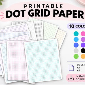Peut inclure: Une pile de feuilles de papier à points imprimables en dix couleurs différentes. Le texte PRINTABLE DOT GRID PAPER figure en haut. Une légende montre dix cercles de couleurs variées. Le texte indique les formats US LETTER, A4 et A5.