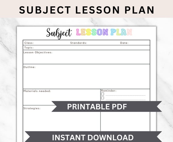 Teacher Lesson Plan Template, Subject Lesson Plan for teachers, Daily Lesson Planner, Detailed Lesson Plan Teacher Class Planning Printable