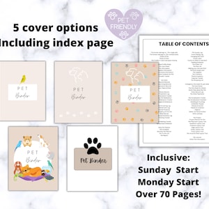 K&ouml;nnte beinhalten: F&uuml;nf verschiedene Cover-Optionen f&uuml;r einen Haustier-Ordner, darunter ein Pfotenabdruck-Design, ein Vogel, eine Katze, ein Hund und eine Vielzahl von Haustieren. Der Text "Pet Binder" befindet sich auf jedem Cover. Der Text "Inclusive: Sunday Start, Monday Start, Over 70 Pages!" befindet sich am unteren Rand des Bildes.