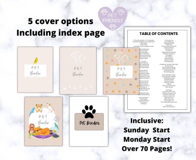 K&ouml;nnte beinhalten: F&uuml;nf verschiedene Cover-Optionen f&uuml;r einen Haustier-Ordner, darunter ein Pfotenabdruck-Design, ein Vogel, eine Katze, ein Hund und eine Vielzahl von Haustieren. Der Text "Pet Binder" befindet sich auf jedem Cover. Der Text "Inclusive: Sunday Start, Monday Start, Over 70 Pages!" befindet sich am unteren Rand des Bildes.