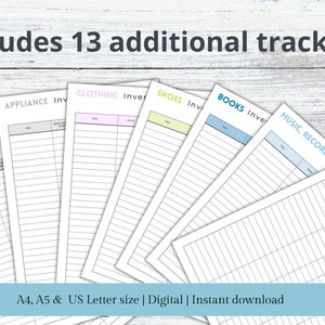 May include: A set of 13 printable inventory trackers for various items, including valuables, electronics, appliances, clothing, shoes, books, music, and jewelry. The trackers are in different colors and have a simple design with lined columns for item description, quantity, purchase date, and price.