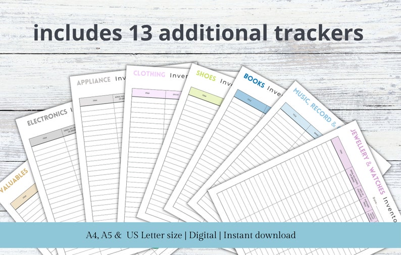 May include: A set of 13 printable inventory trackers for various items, including valuables, electronics, appliances, clothing, shoes, books, music, and jewelry. The trackers are in different colors and have a simple design with lined columns for item description, quantity, purchase date, and price.