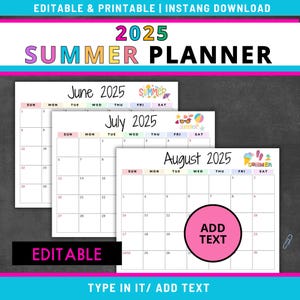 Calendario estivo 2025 modificabile, pianificatore estivo, pianificatore vacanze, programma estivo, programma di viaggio, piani di viaggio, attività estive per la famiglia