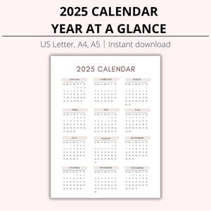 2025 Year at a Glance Calendar Printable Academic Calendar Digital 2025 Year Calendar Yearly Calendar, School Event Planner, Event Planner
