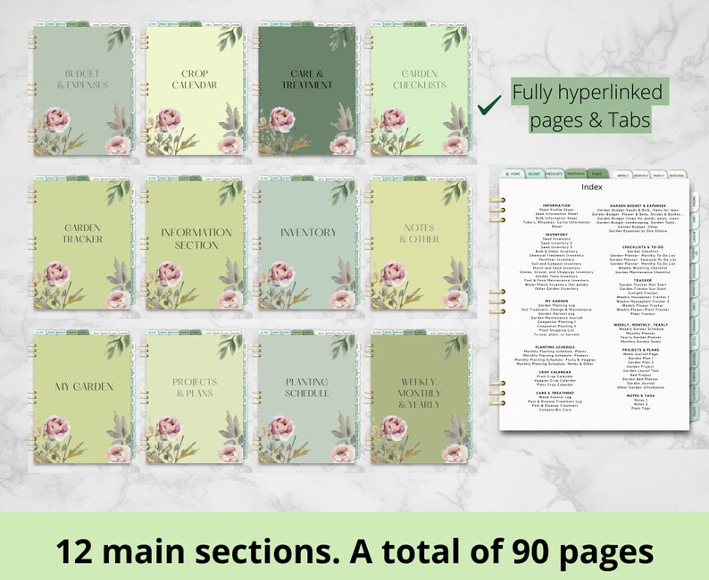 Pu&ograve; includere: Un planner digitale per il giardinaggio con 12 sezioni e 90 pagine. Il planner include sezioni per il budget, il calendario delle colture, la cura e il trattamento, le liste di controllo del giardino, il tracker del giardino, la sezione informazioni, l'inventario, le note, il mio giardino, i progetti e i piani, il programma di piantagione e la pianificazione settimanale, mensile e annuale. Il planner ha un design verde e floreale.
