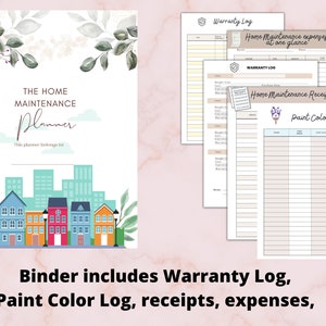 May include: A binder with a colorful cover featuring a cityscape and the text "The Home Maintenance Planner". The binder includes pages for tracking warranties, paint colors, receipts, and expenses.