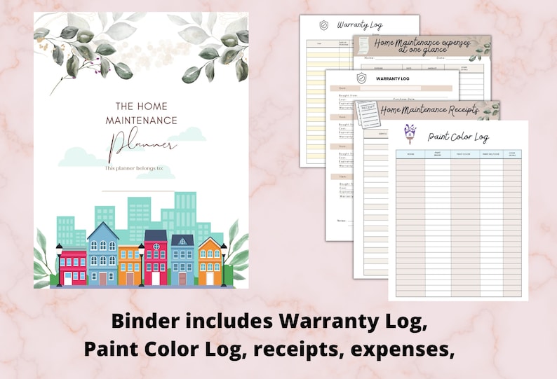 May include: A binder with a colorful cover featuring a cityscape and the text "The Home Maintenance Planner". The binder includes pages for tracking warranties, paint colors, receipts, and expenses.