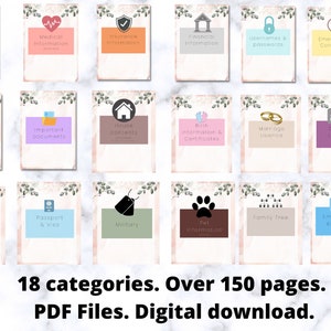 May include: A digital download featuring 18 categories of important information, including medical, financial, and emergency contacts. Each category is represented by a card with a unique icon and title. The image includes the text: "18 categories. Over 150 pages. PDF Files. Digital download."