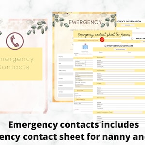 May include: A set of printable emergency contact sheets with a soft watercolor design. The sheets include sections for emergency information, school details, and professional contacts. The text "Emergency Contacts" is displayed prominently.