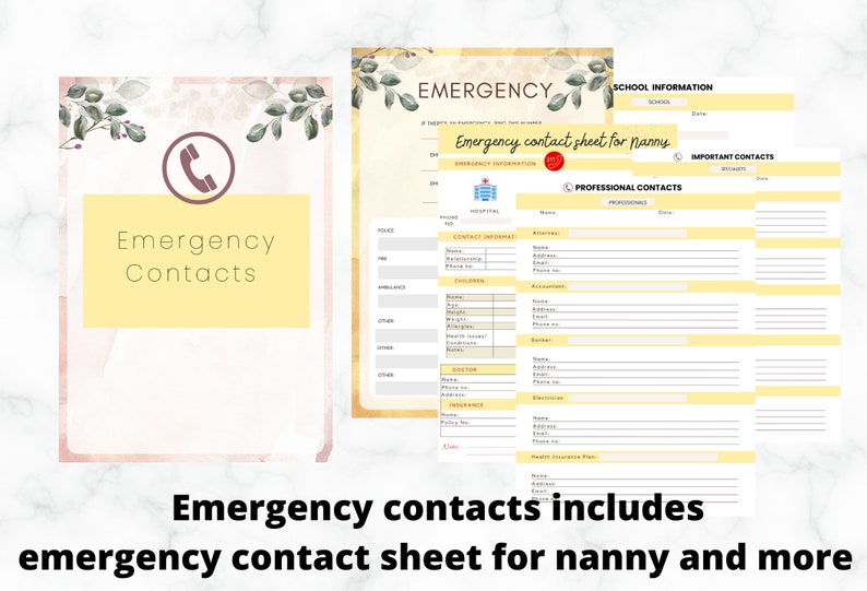 May include: A set of printable emergency contact sheets with a soft watercolor design. The sheets include sections for emergency information, school details, and professional contacts. The text "Emergency Contacts" is displayed prominently.