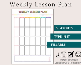 Weekly Lesson Plan Fillable Editable Printable Lesson Plan | School Schedule | Teacher Schedule | Preschool Schedule | Classroom Schedule