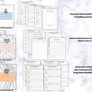 Op de afbeelding: Een verzameling afdrukbare formulieren voor persoonlijke, medische en verzekeringsinformatie. De formulieren zijn onderverdeeld in secties met titels als "Persoonlijke informatie", "Medische informatie" en "Verzekeringsinformatie". De tekst is zwart op een witte achtergrond.