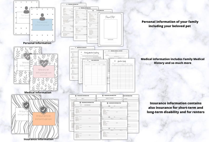 Op de afbeelding: Een verzameling afdrukbare formulieren voor persoonlijke, medische en verzekeringsinformatie. De formulieren zijn onderverdeeld in secties met titels als "Persoonlijke informatie", "Medische informatie" en "Verzekeringsinformatie". De tekst is zwart op een witte achtergrond.