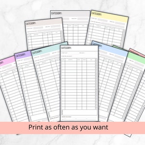 May include: Printable budget tracker sheets with different colored backgrounds. Each sheet has a category heading, start date, end date, starting balance, and columns for notes, amount, and balance.