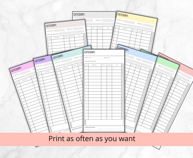 May include: Printable budget tracker sheets with different colored backgrounds. Each sheet has a category heading, start date, end date, starting balance, and columns for notes, amount, and balance.