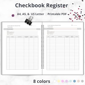May include: A printable checkbook register tracker in PDF format, featuring two open pages with columns for date, number, description, withdrawal, deposit, and balance. The layout includes fields for account number, bank, and starting balance.