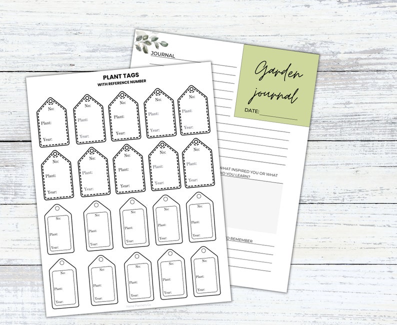 May include: Printable plant tags with a reference number, a garden journal page with a date, what inspired you or what did you learn, and to remember sections. The journal page has lined sections for writing.