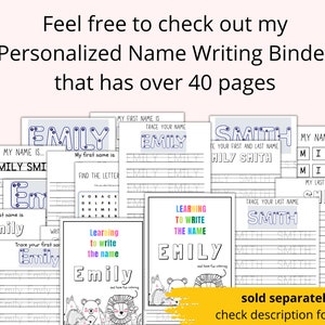 Puede incluir: Un cuaderno de escritura de nombres imprimible con m&aacute;s de 40 p&aacute;ginas para que los ni&ntilde;os practiquen la escritura de su nombre. El cuaderno incluye p&aacute;ginas con diferentes actividades, como trazar letras, encontrar letras en una b&uacute;squeda de palabras y escribir su nombre de diferentes maneras. El cuaderno est&aacute; personalizado con el nombre "Emily Smith".