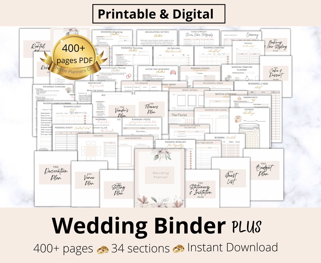 400 Wedding Planner Plus, Printable Wedding Binder Organizer Template