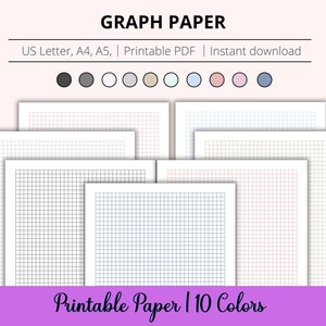 Könnte beinhalten: Eine Auswahl an karierten Papierbögen in verschiedenen Farben, darunter Schwarz, Grau, Weiß, Beige, Grün, Blau, Rosa und Lila. Der Text "GRAPH PAPER" und "Printable Paper | 10 Colors" sind zu sehen. Erhältlich in US Letter, A4 und A5 Formaten.