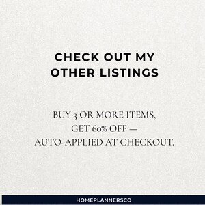 May include: A white graphic sign with black text that reads: CHECK OUT MY OTHER LISTINGS. Below this, the text states: BUY 3 OR MORE ITEMS, GET 60% OFF &mdash; AUTO-APPLIED AT CHECKOUT. A dark blue bar at the bottom contains the text: HOMEPLANNERSCO.