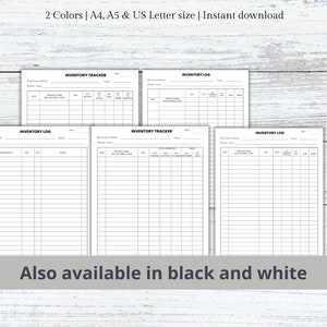 May include: Printable inventory tracker and log templates in black and white. The templates include columns for date, product name, quantity, price, and notes. The templates are available in A4, A5, and US Letter sizes.