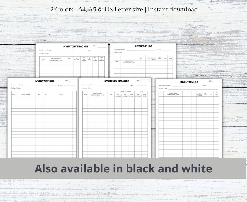May include: Printable inventory tracker and log templates in black and white. The templates include columns for date, product name, quantity, price, and notes. The templates are available in A4, A5, and US Letter sizes.