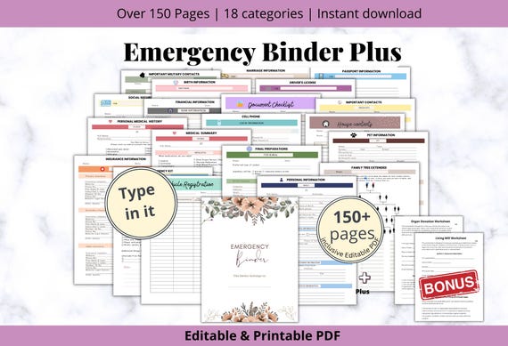 EDITABLE Emergency Binder Plus, Family Binder, Life Planner, Emergency Planner Plus, "What If" Binder, Military Binder,Fillable Editable PDF