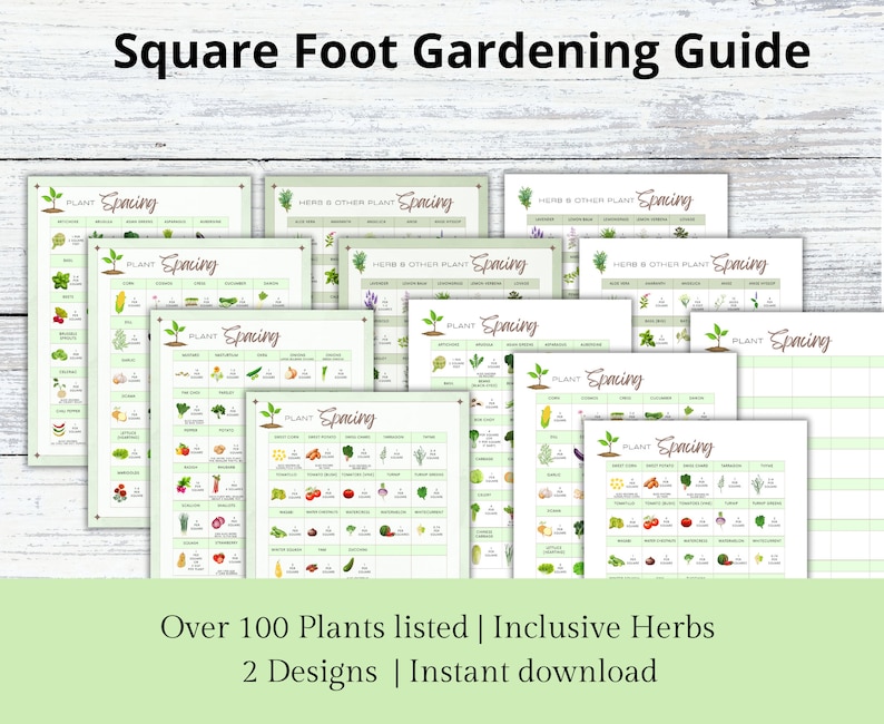 Puede incluir: Un conjunto de gu&iacute;as de jardiner&iacute;a de un pie cuadrado imprimibles con m&aacute;s de 100 plantas listadas, incluidas hierbas. Las gu&iacute;as presentan dos dise&ntilde;os y est&aacute;n disponibles para descarga instant&aacute;nea.