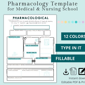 May include: A white pharmacology template for medical and nursing school, with teal accents. The template includes sections for generic name, dosage, side effects, and more. Text on the image says "12 COLORS", "TYPE IN IT", and "FILLABLE".