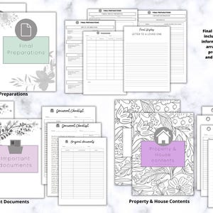 Op de afbeelding: Een verzameling afdrukbare planningspagina's voor laatste voorbereidingen, inclusief informatie over overlijdensberichten, begrafenisregelingen en eigendoms- en huisinhoud. De pagina's zijn wit met bloemen- en geometrische ontwerpen.