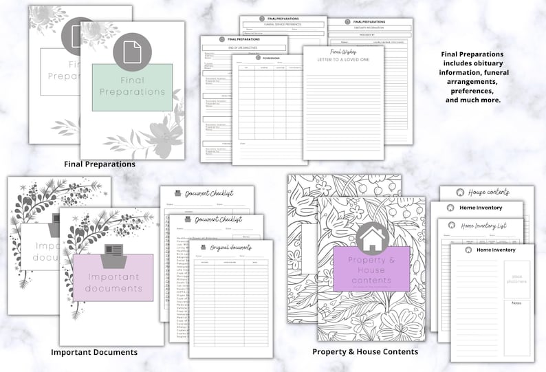 Op de afbeelding: Een verzameling afdrukbare planningspagina's voor laatste voorbereidingen, inclusief informatie over overlijdensberichten, begrafenisregelingen en eigendoms- en huisinhoud. De pagina's zijn wit met bloemen- en geometrische ontwerpen.