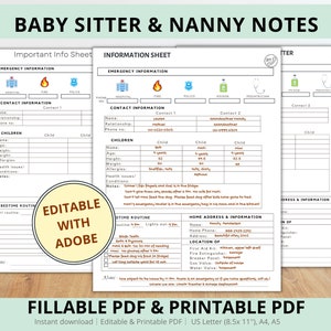 EDITABLE Babysitter Information Sheet Bundle, Emergency Contact Info Contact Information Nanny Notes Childcare Caregiver Babysitter  PDF