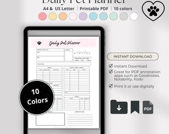 Daily Pet Planner: Printable Pet Tracker, Care Log for Dogs & Cats, Track Health, Meals, Walks, Activity (A4 Letter)