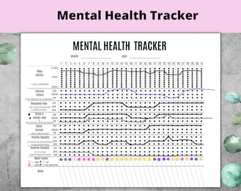 May include: A white paper mental health tracker chart with black text and grid lines. It features rows for tracking sleep, exercise, relaxation, stress, anxiety, social contact, and thoughts, with a color-coded mood tracker and a notes section at the bottom.