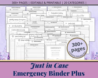 May include: A collection of printable planner pages with headings like "Financial Information" and "Emergency Contact Sheet." The image includes the text "300+ PAGES | EDITABLE & PRINTABLE | 20 CATEGORIES" and "Just in Case Emergency Binder Plus."