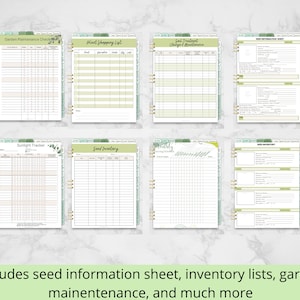 Pu&ograve; includere: Un set di pagine di pianificazione del giardino stampabili con un design floreale verde e bianco. Le pagine includono un elenco di controllo della manutenzione del giardino, un elenco di acquisti di piante, un tracker della luce solare, un inventario dei semi e un foglio informativo sui semi.