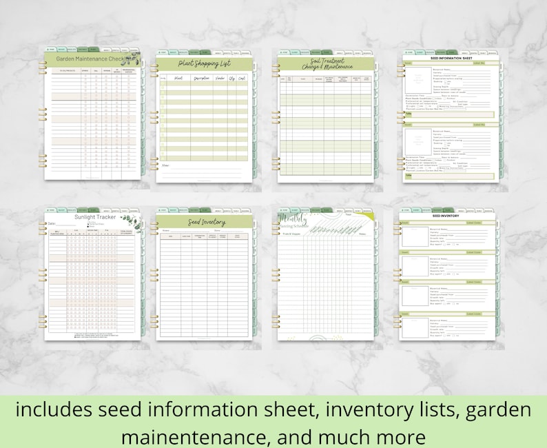 Pu&ograve; includere: Un set di pagine di pianificazione del giardino stampabili con un design floreale verde e bianco. Le pagine includono un elenco di controllo della manutenzione del giardino, un elenco di acquisti di piante, un tracker della luce solare, un inventario dei semi e un foglio informativo sui semi.