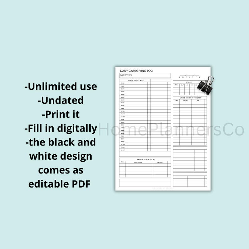 EDITABLE 24 Hour Home Health Caregiver Log Sheet - Printable Daily Care ...