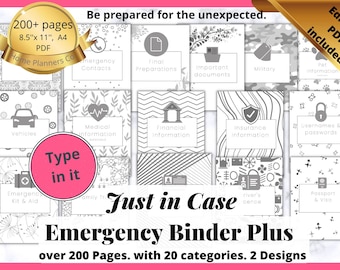 May include: A digital emergency binder set featuring over 200 pages in A4 and 8.5 inch by 11 inch sizes. The collection includes 20 categories with labels like Emergency Contacts, Medical Information, and Passports, presented in two distinct black and white graphic designs.