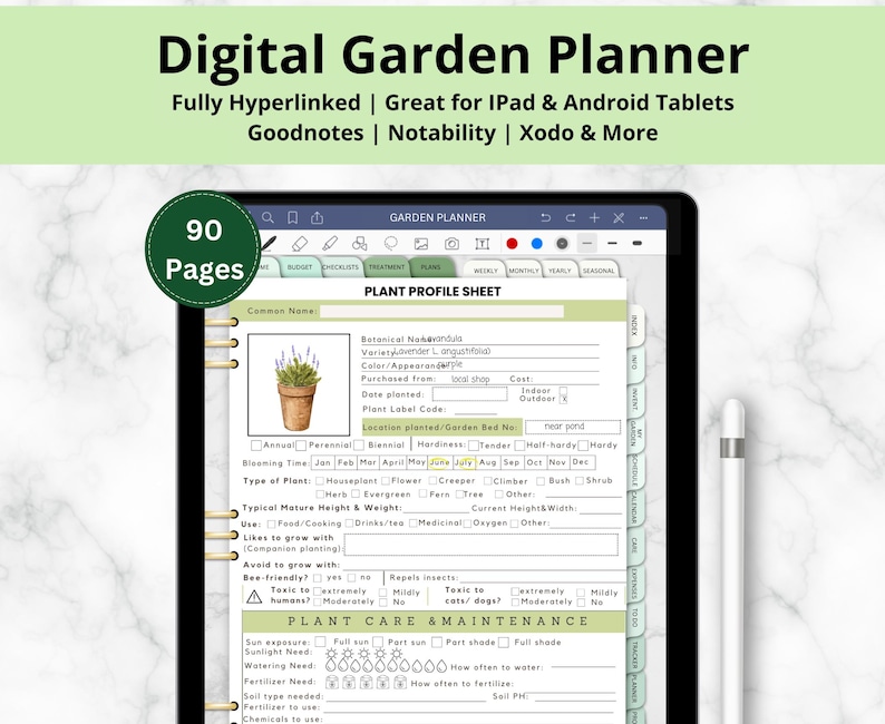 Pianificatore digitale per il giardinaggio con collegamenti ipertestuali per Goodnotes, Notability, Xodo, Diario del giardinaggio, Guida al giardinaggio, Registro di giardinaggio, Organizzatore di giardinaggio immagine 1