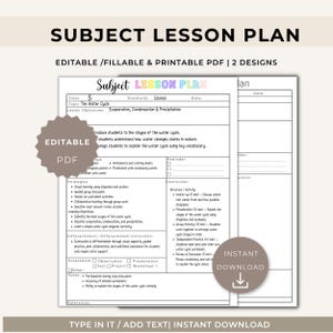 May include: An editable and printable subject lesson plan PDF template featuring a water cycle topic. The document includes sections for class, standards, date, objectives, strategies, instruction, assessment, and notes with a star-shaped editable PDF badge.