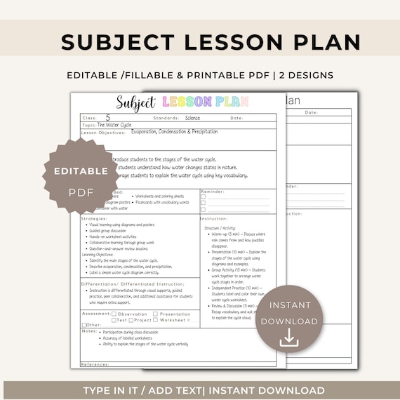 Editable Subject Lesson Plan Template, Printable Digital Lesson Planner, Detailed Lesson Plan Page, Daily Lesson Planner, Instant download