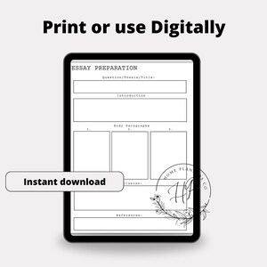 May include: A digital essay preparation template on a tablet, with sections for the title, introduction, body paragraphs, conclusion, and references. The text "Print or use Digitally" and "Instant download" are also visible. A yellow pencil is on the right.