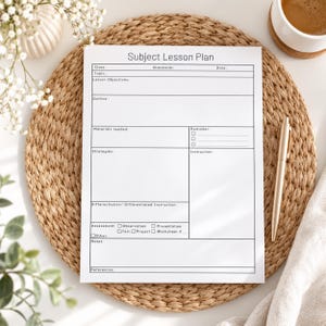 May include: A white paper subject lesson plan template with black text and lines. The form includes sections for class, standards, date, topic, objectives, outline, materials, reminders, strategies, instruction, differentiation, assessment, notes, and references.