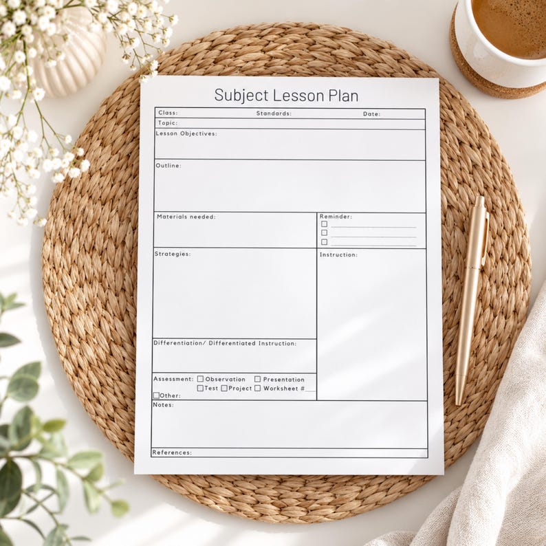 May include: A white paper subject lesson plan template with black text and lines. The form includes sections for class, standards, date, topic, objectives, outline, materials, reminders, strategies, instruction, differentiation, assessment, notes, and references.