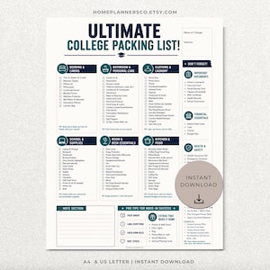 Puede incluir: Una lista de empaque universitaria imprimible titulada Ultimate College Packing List con encabezados y texto en azul oscuro sobre fondo blanco. Incluye listas de verificación categorizadas para ropa de cama, baño, ropa y cocina.